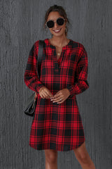 Check V-neck Long Sleeve A-line Dress