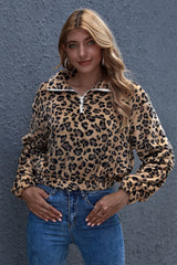 Leopard Print Lapel Zipper Fleece Pullover