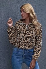 Leopard Print Lapel Zipper Fleece Pullover