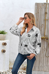 Letter Printed Long-Sleeved Button Shirt