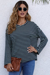 Long-Sleeve Loose Round Neck Striped T-shirt