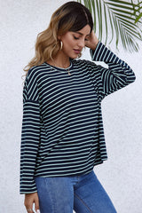 Long-Sleeve Loose Round Neck Striped T-shirt