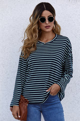 Long-Sleeve Loose Round Neck Striped T-shirt