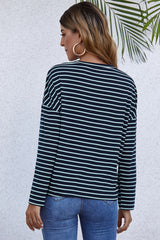 Long-Sleeve Loose Round Neck Striped T-shirt