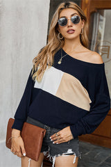 Off Shoulder Patchwork Crew Neck T-shirt