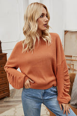 Round Neck Pleated Long-sleeved Top