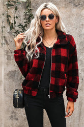 Zipped Pocket Lapel Plaid Plush Coat