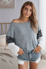 One-shoulder V-neck Leopard Print Stitching Top