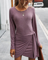 Drawstring Solid Color Long Sleeve Dress