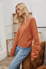Round Neck Pleated Long-sleeved Top