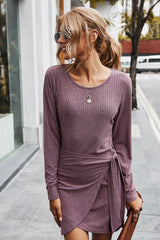Drawstring Solid Color Long Sleeve Dress
