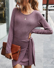Drawstring Solid Color Long Sleeve Dress