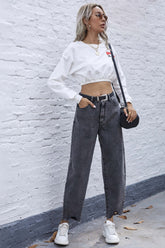 High Waist Irregular Denim Straight Trousers