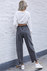 High Waist Irregular Denim Straight Trousers