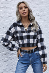 Navel Stripe Check Lapel Zipper Sweater