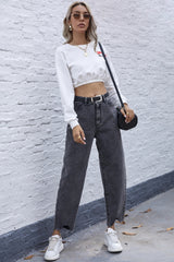 High Waist Irregular Denim Straight Trousers