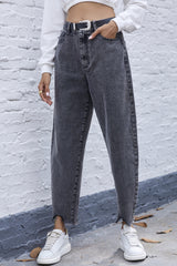 High Waist Irregular Denim Straight Trousers