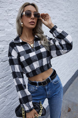 Navel Stripe Check Lapel Zipper Sweater
