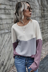 Three-color Contrast Long-sleeved Round Neck Top