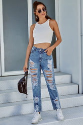 Ripped High-rise Straight-leg Denim Trousers