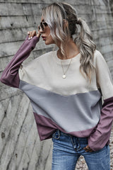 Three-color Contrast Long-sleeved Round Neck Top