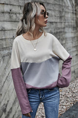 Three-color Contrast Long-sleeved Round Neck Top