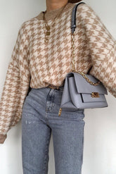 Geometric Houndstooth Khaki Knitted Sweater