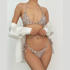 Leopard long sleeve self tie halter contrast 3 piece swimwear