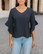 Seven-Quarter Flared Sleeves Black V-neck Shirt