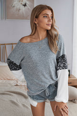 One-shoulder V-neck Leopard Print Stitching Top