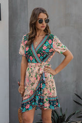 Printed V-neck Short Sleeve Lace Ruffle Dress