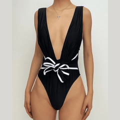 V neck sleeveless knotted contrast one piece swimwear