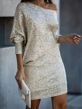 Party Wear V Neck Long Sleeve Contrast Sequin Dress