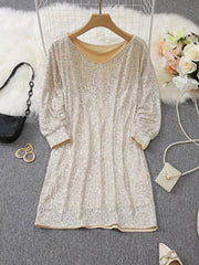 Party Wear V Neck Long Sleeve Contrast Sequin Dress