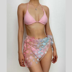 Halter self tie padded contrast flower pattern 3 piece swimwear