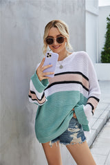Scoop Neck Striped Color Block Pullover