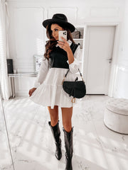 Long Sleeve PU Leather Patchwork Shirt Dress