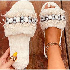 Luxury Beaded Furry Plush Slippers
