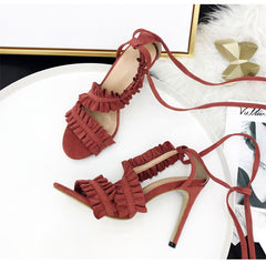 Cross Bandage Thin Heel Ruffle Sandals