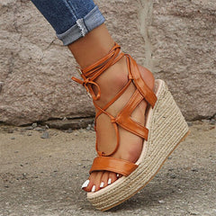 Hemp Wedge Open Toe Ankle Cross-tied Sandals