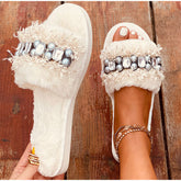 Luxury Beaded Furry Plush Slippers
