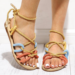Hemp Straw Lace Up Rope Peep Toe Sandals