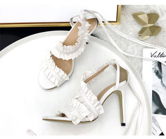 Cross Bandage Thin Heel Ruffle Sandals