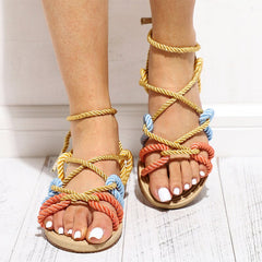 Hemp Straw Lace Up Rope Peep Toe Sandals