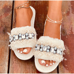 Luxury Beaded Furry Plush Slippers