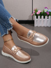 Champagne Leaf-Shaped Metallic Buckle Flat Loafers