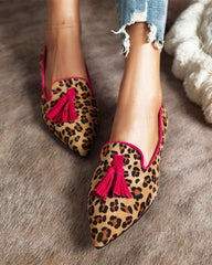 Pointed-toe Fringe Leopard Contrast Mules