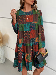Long-sleeve A-line block print dress