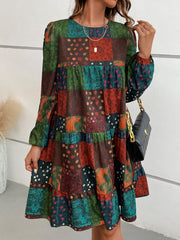 Long-sleeve A-line block print dress