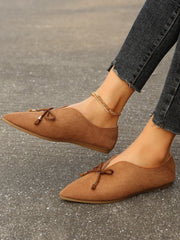 Canvas suede bow pointed toe flat slip-ons